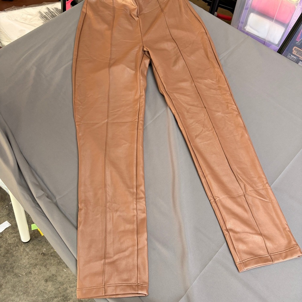 Shinestar Brown Vegan Leather Straight Leg Seamed Pants XL SP5370 NWT